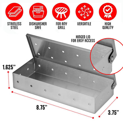 Kaluns Smoker Box For Gas Grill or Charcoal Grill, Stainless Steel Smoke Box, Works with Wood Chips, Add Smoked BBQ Flavor, Hinged Lid,Warp Free Grill Accessories