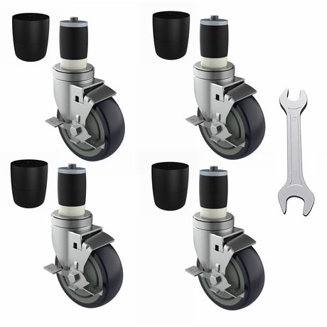 OK5STAR 4 inch Prep Table Casters Set of 4 for Commercial Kitchen Prep Tables, Expanding Stem Caster Wheels for Table Legs All with Brake Fit 1-1/2" and 1-5/8" Inner Diameter Leg Tube Adapter Caster OK5STAR