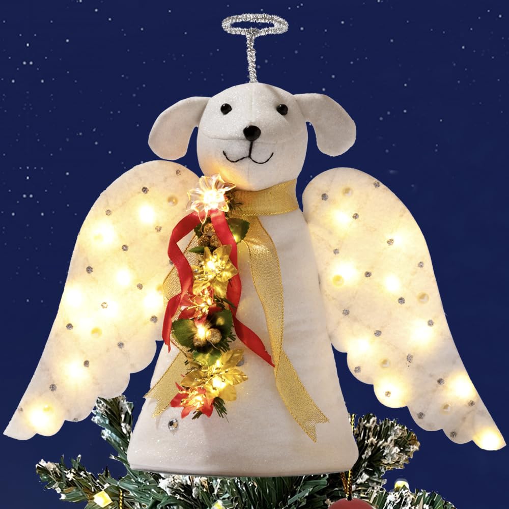 iHeartDogs Christmas Tree Topper Decoration - The Original Dog ‘Christmas Miracle’ Angel Dog Tree Topper LED Lighted Poinsettia Garland & Wings Decor Ornament, Holiday Decoration