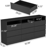 Loomie 9 Drawer Dresser for Bedroom with LED Lights & Power Outlet, Large 63" Black Dressers & Chest w/Deep Drawers, Triple Wide Dresser TV Stand for TVs up to 75",Dressers Organizer w/3 Open Cubbies Loomie