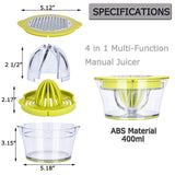 Drizom Citrus Lemon Orange Juicer Manual Hand Squeezer with Built-in Measuring Cup and Grater, 12OZ, Green Drizom