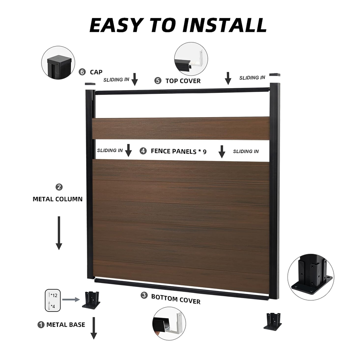 6 Ft×6 Ft Garden Privacy Fence, Outdoor Wood Plastic Composite Fence Panel, Waterproof Screen No Dig Adjustable Weatherproof, Complete Kit Without Post, Brown