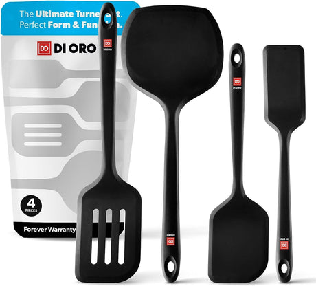DI ORO Silicone Turner Spatula Set - Kitchen Spatulas for Nonstick Cookware - Cooking Utensils for Flipping Eggs & Pancakes - 600°F Heat-Resistant BPA Free Turners - Dishwasher Safe (4pc, Black) di Oro Living