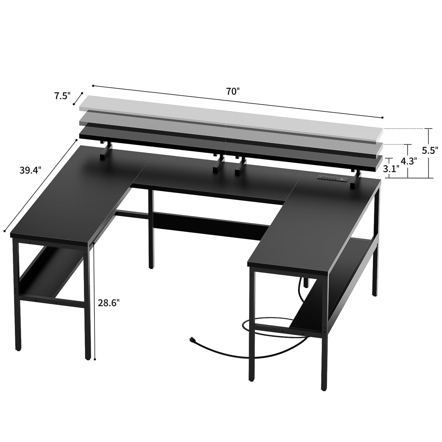 iSunirm U Shaped Computer Desk, Customizable L Shaped Office Desk with Adjustable Monitor Stand & Power Outlets & LED Strip Lights, Large Reversible Gaming Desk with Storage Shelves, Black - WoodArtSupply