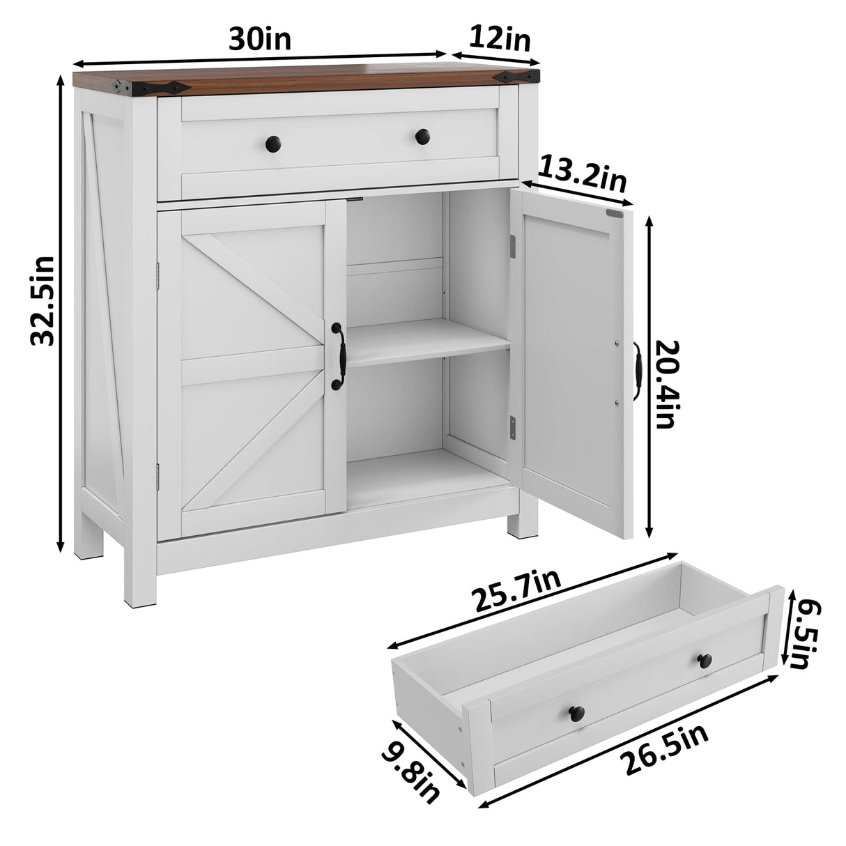 Mino Kesper Farmhouse Storage Cabinet with 2 Doors, White Kitchen Cabinet with Walnut Countertop, Freestanding Floor Storage Cabinets Hutch Cupboard Mino Kesper