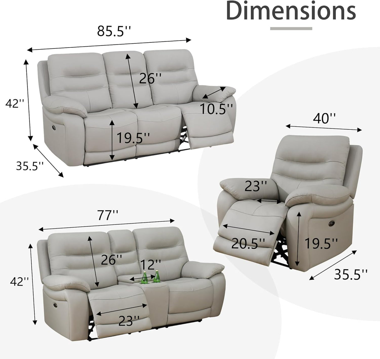Genuine Leather Recliner Couch Set, Power Reclining Sofa Set 3 Pieces Top Grain Leather Sofa with Built in USB Port for Living Room(Light Grey) (Sofa+Loveseat+Chair) Pon Living Furniture Inc