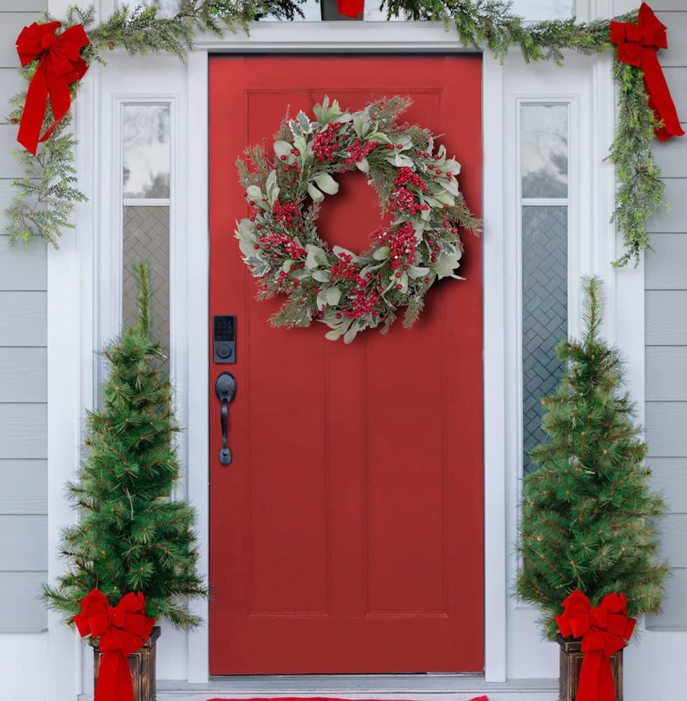 Skrantun 20 Inch Artificial Christmas Wreath Door Wreath with Lambs Ear Leaves Winter Wreath with Artificial Snow and Red Berries Christmas Decorations with Pine Needles for Home Wall Window Decor Skrantun