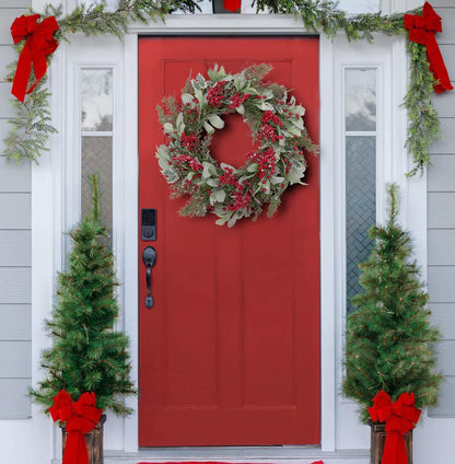 Skrantun 20 Inch Artificial Christmas Wreath Door Wreath with Lambs Ear Leaves Winter Wreath with Artificial Snow and Red Berries Christmas Decorations with Pine Needles for Home Wall Window Decor