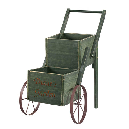 Personalized 2-Tier Garden Trolley Cart, Made of Durable 100% Wood, Metal Hardware, Indoor/Outdoor Décor, Rustic Multi-Use Plant Holder Décor, Green – Measures 15 3/4" Long x 11 1/4" Wide x 21" High