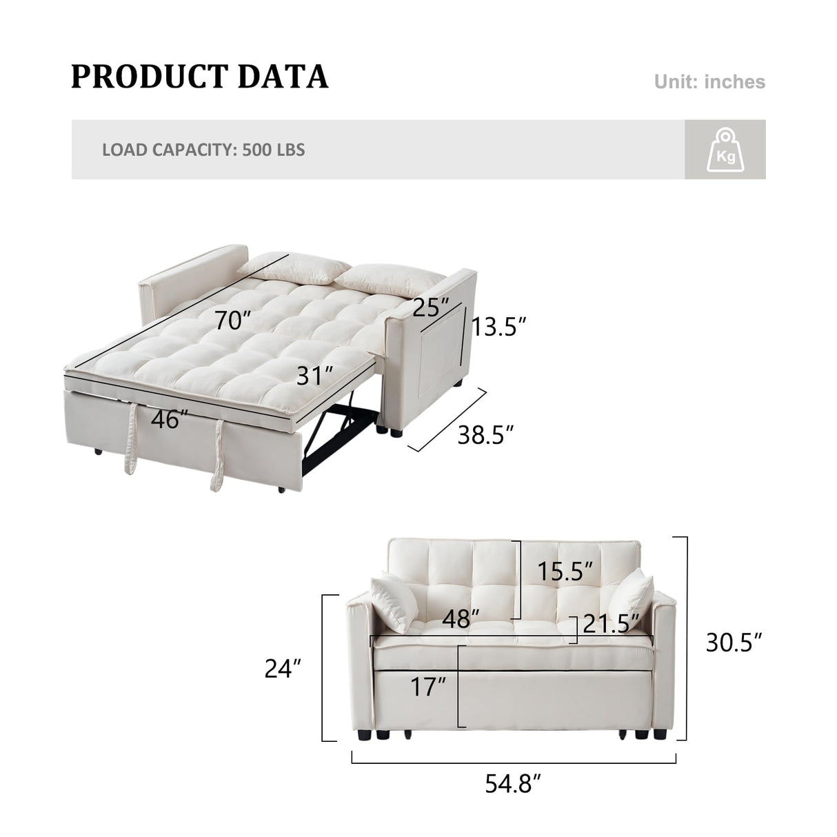 Hixkol Sleeper Sofa Bed, 3 in 1 Sofa Bed Pull Out Couch Bed with Adjustable Backrest, Modern Sofa Bed for Living Room, Convertible Sofa Bed for Bedroom. (White) Hixkol