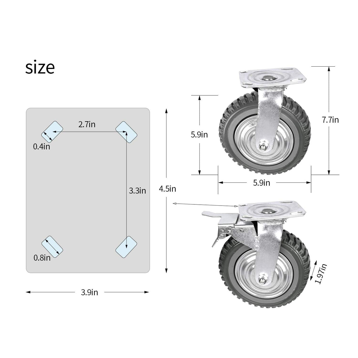 8 Inch Caster Wheels Set of 4 Heavy Duty Casters, 2X Swivel with Brake Locking,2X Swivel Without Brake Locking Top Plate Casters for Workbench,Cart,Furniture uyoyous