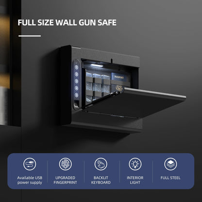 XDeer Wall Gun Safe, Biometric Gun Safes for Pistols, Quick-Access Handgun Safe with Fingerprint & Digital Key Pad, Pistol Safe for Home, Up to 1 Full-size pistol S008QG