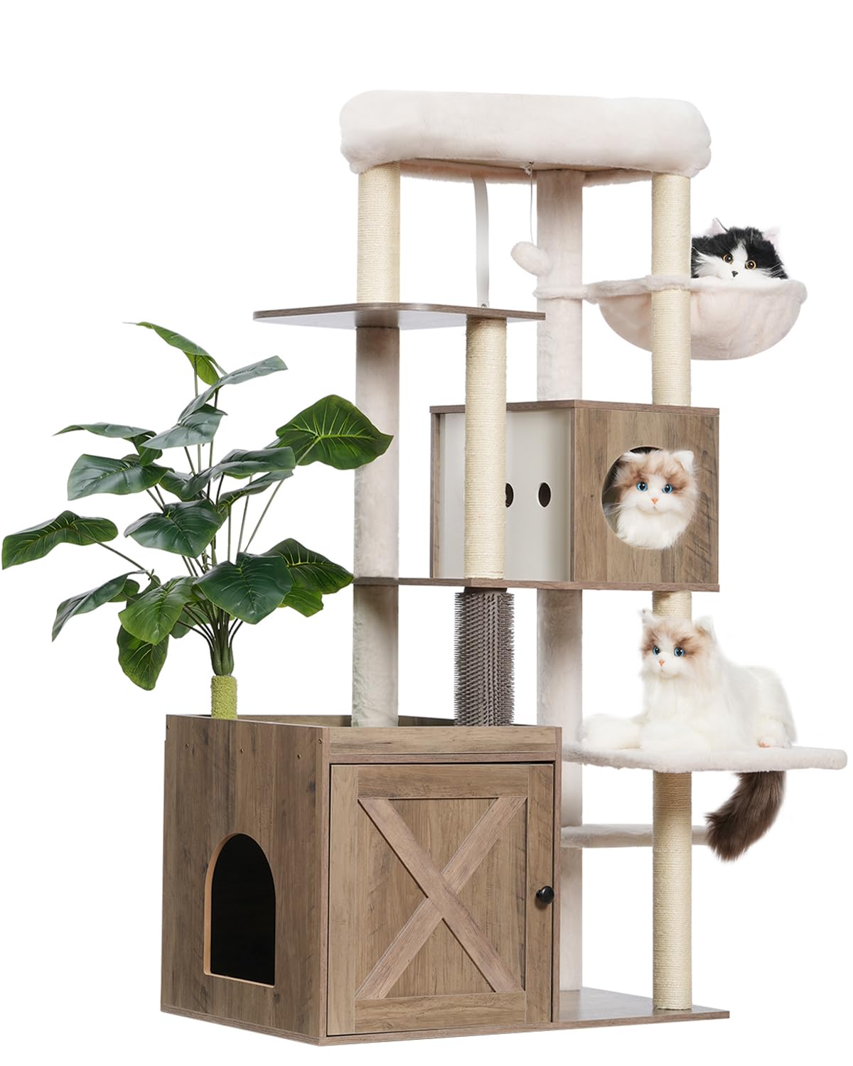 Gitelsnour Cat Tree with Litter Box Enclosure, Large Wooden Cat Tower Cat Condo for Indoor Cats with Play Garden (Leaf, Lawn, Hair Rubbers), Modern Cat House, Rustic Gray GCT110SG Gitelsnour