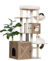 Gitelsnour Cat Tree with Litter Box Enclosure, Large Wooden Cat Tower Cat Condo for Indoor Cats with Play Garden (Leaf, Lawn, Hair Rubbers), Modern Cat House, Rustic Gray GCT110SG Gitelsnour