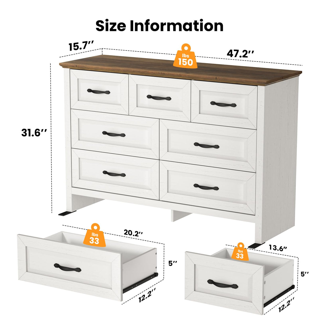 Amada Farmhouse 7 Drawer Dresser for Bedroom, 47.2 Inch Wide Wood Dresser with Natural Texture, Large Drawers, Rustic Farmhouse Chest of Drawers for Bedroom, Living Room, Hallway, Brown & White AMADA HOMEFURNISHING