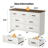 Amada Farmhouse 7 Drawer Dresser for Bedroom, 47.2 Inch Wide Wood Dresser with Natural Texture, Large Drawers, Rustic Farmhouse Chest of Drawers for Bedroom, Living Room, Hallway, Brown & White AMADA HOMEFURNISHING