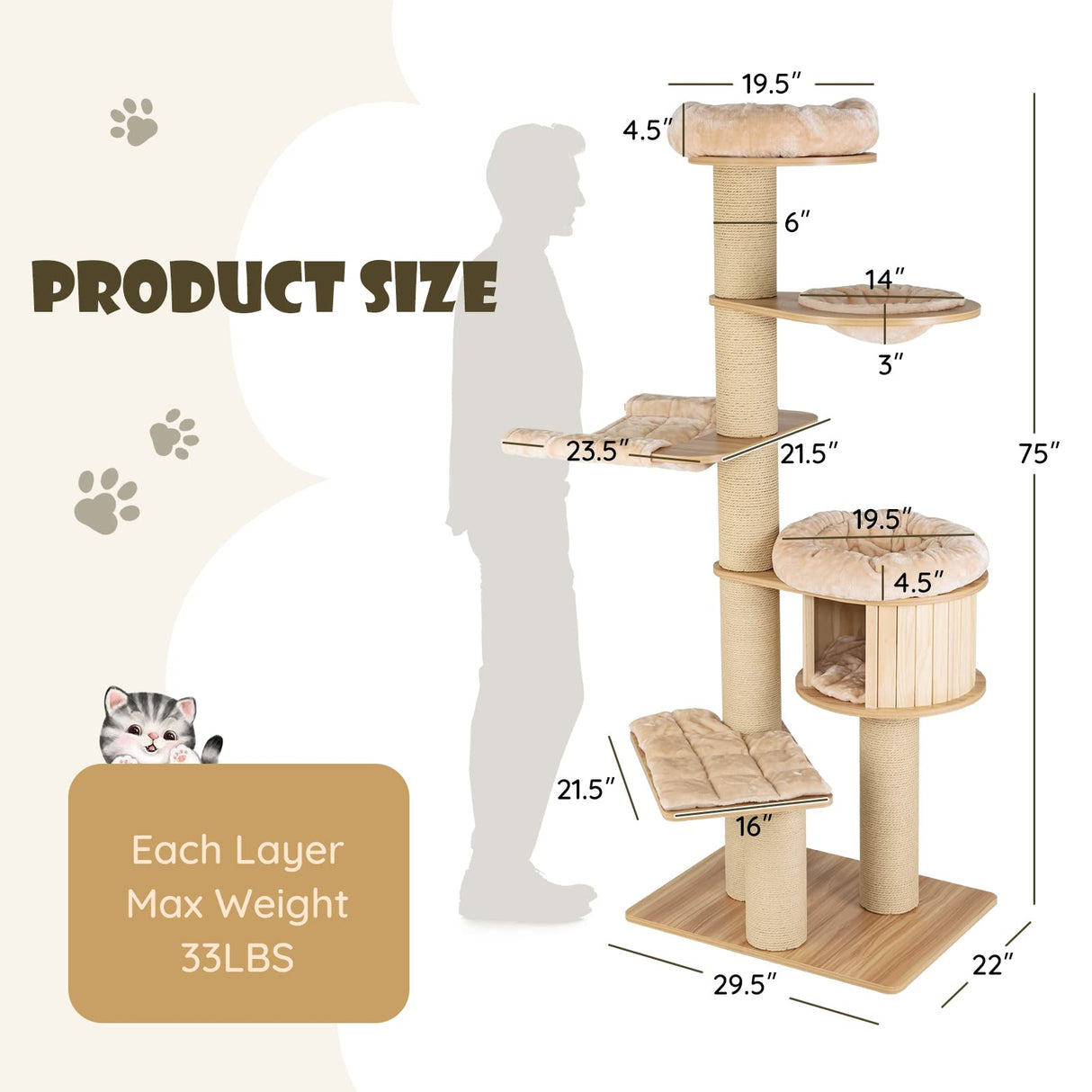 Tangkula Large Cat Tree Tower, Multi-Level Tall Cat Tree with Sisal Posts, Hammocks, Hanging Basket, and Cat Condo, Washable Cushions, Modern Cat Tree for Indoor Cats Large Adult Tangkula