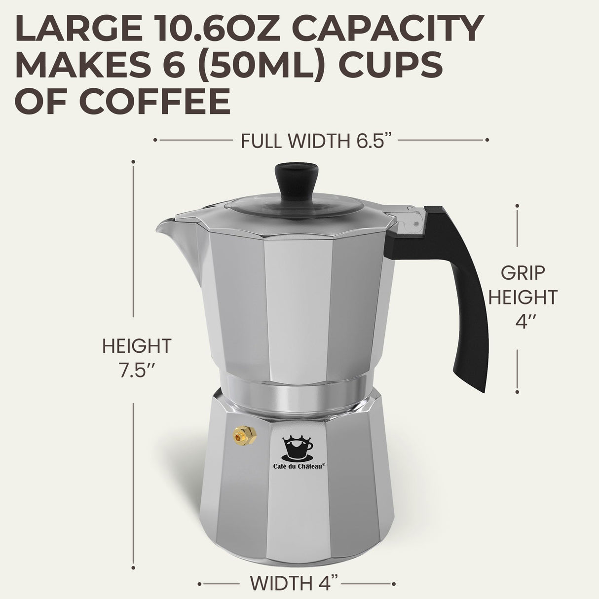 Cafe Du Chateau Espresso Maker (6 cup) Transparent Top Lid, High Gloss Finish, with Coffee Clip Spoon - Coffee Percolator, Camping Coffee Pot Cafe Du Chateau