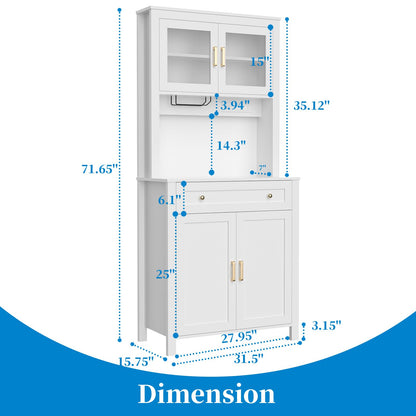 Yeyawomy 72" Tall Kitchen Pantry Cabinet with LED Light and Power Outlets, Farmhouse Large Storage Cabinet, Microwave Stand with Storage, Adjustable Cabinet Shelf, Kitchen Pantry White Modern Style