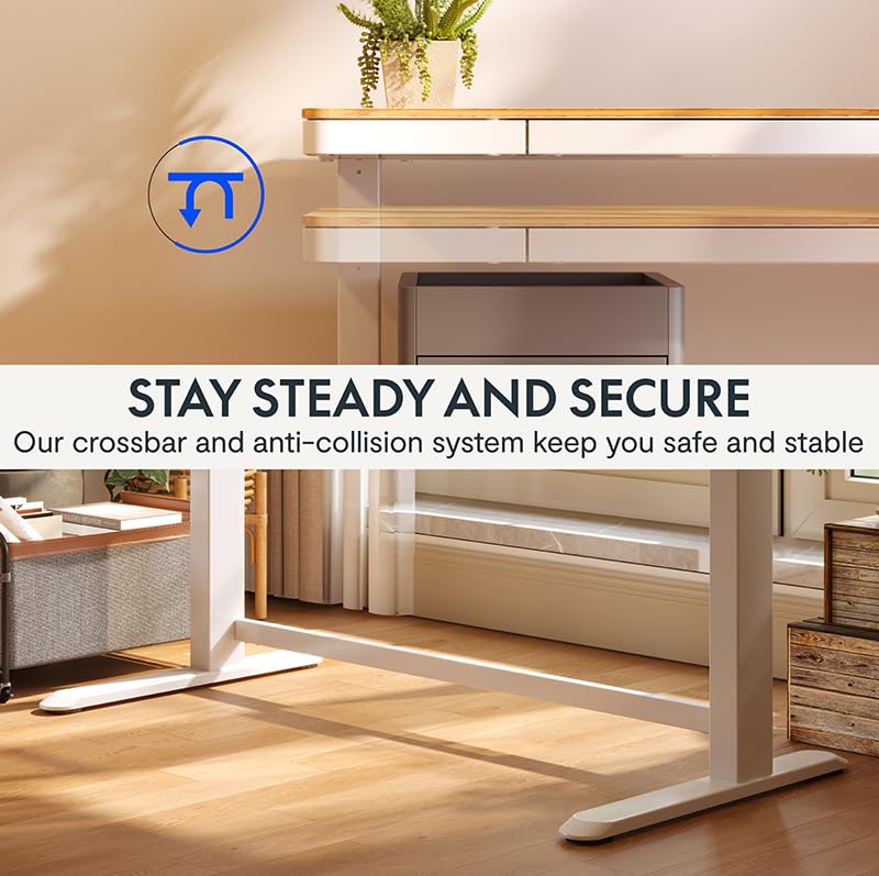 FLEXISPOT Electric Standing Desk with Drawer Storage Adjustable Height Quick Assembly Table w/USB Charge Ports, Child Lock （Natural Desktop + White Frame） FLEXISPOT