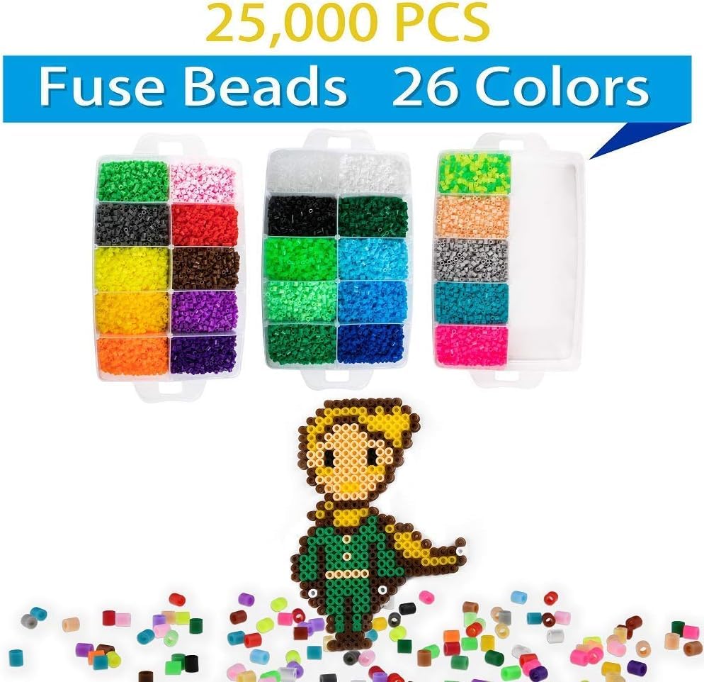 25,000 pcs Fuse Beads Kit 26 Colors 5MM, Including 127 Patterns, 4 Big Square, 1 Heart Pegboards, 1 Flower Ironing Paper, Tweezers, Beads Compatible by INSCRAFT INSCRAFT