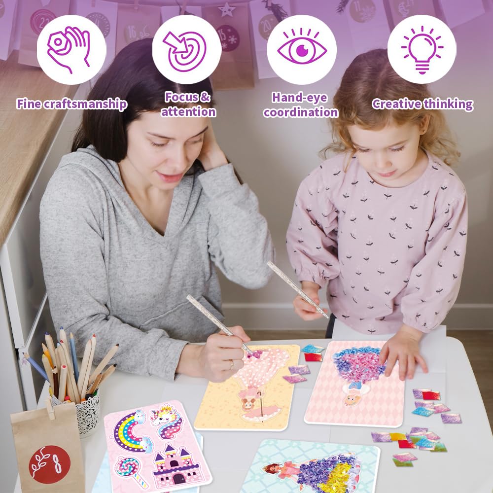 DREACAREFT Poke Art and Craft Kits Princess for Girls, 8 Princesses and 4 Accessories, Mess Free DIY Creative Activity, Birthday Gifts Toys for 5 6 7 8+ Year Old Girls DREACAREFT
