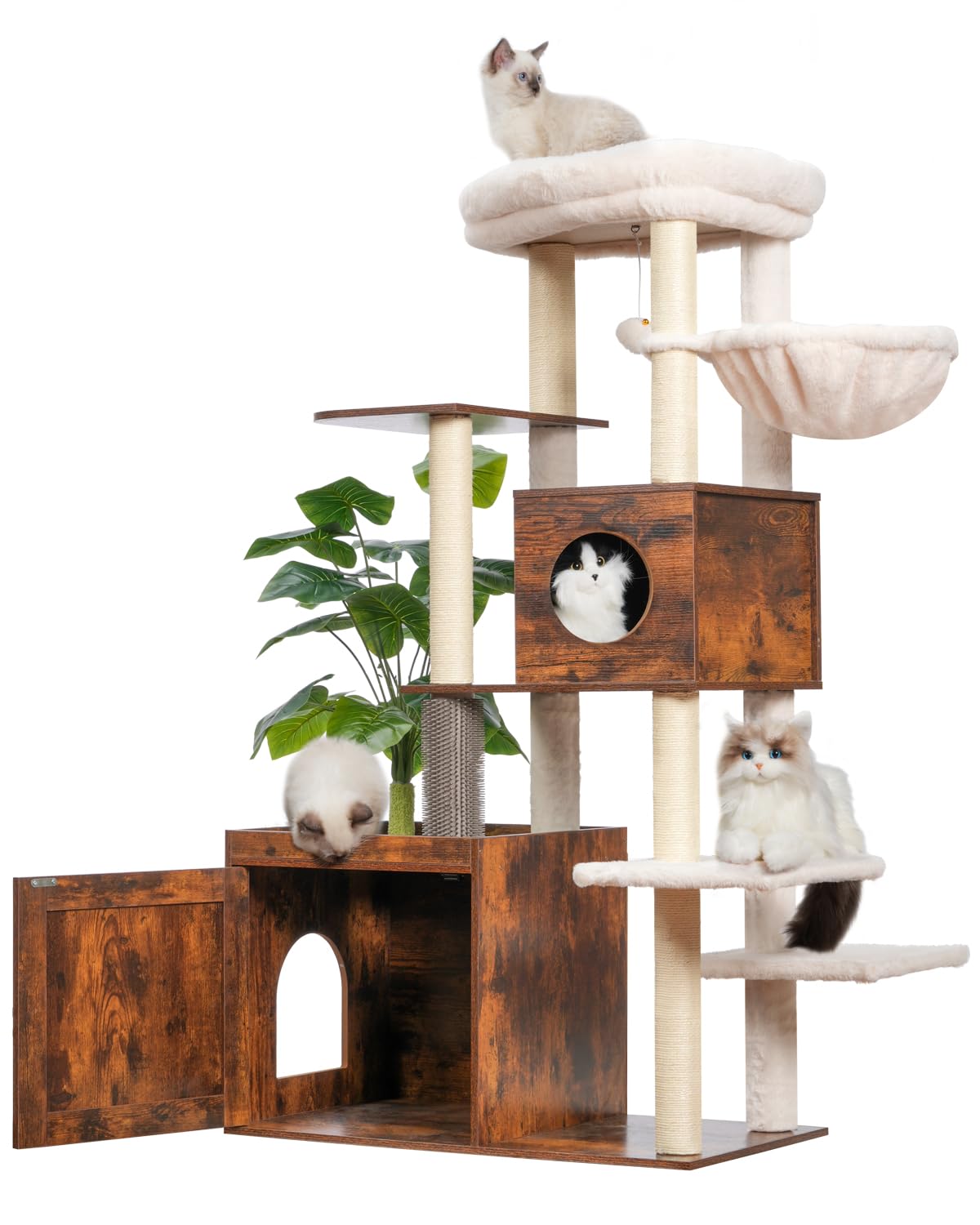 Gitelsnour Cat Tree with Litter Box Enclosure, Large Wooden Cat Tower Cat Condo for Indoor Cats with Play Garden (Leaf, Lawn, Hair Rubbers), Modern Cat House, Rustic Brown GCT110SR