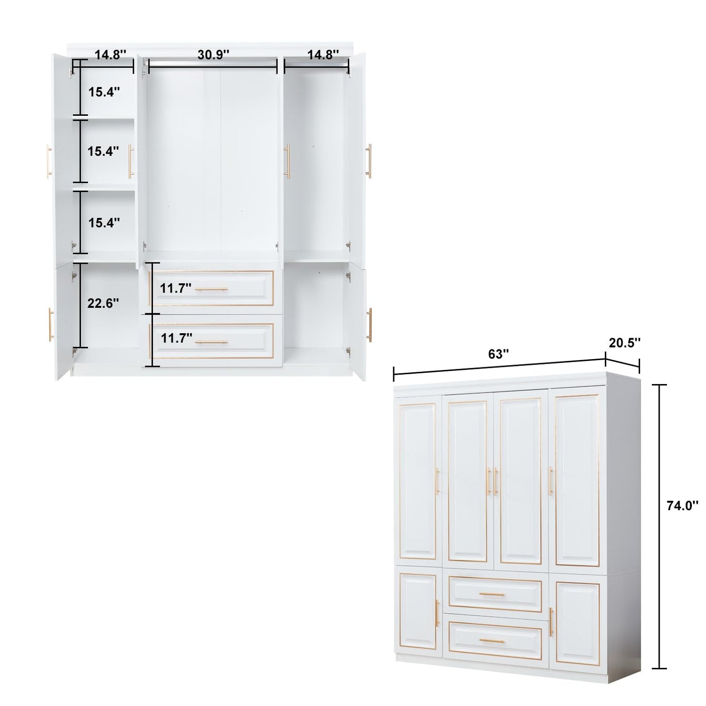 TrendTerrace Armoire Wardrobe Closet, 4-Door 2 Wooden Drawers Tall Cabinet Luxury Style Closet Wardrobe for High Storage Capacity, White Closet Cabinet with 2 Shelves Hanging Rod - WoodArtSupply