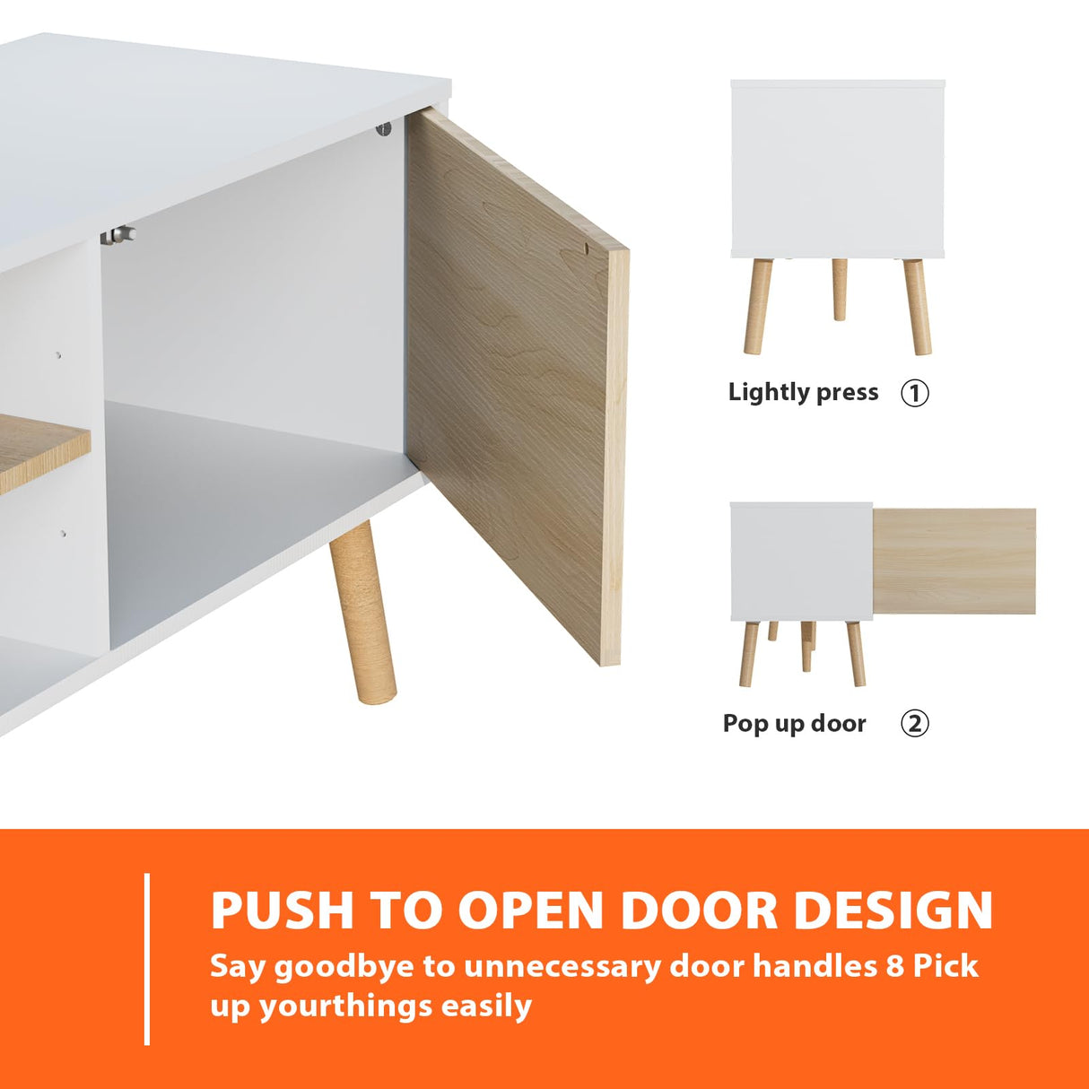 BVIUNTWO TV Stand for 75 Inch TV, Entertainment Center with Storage, 2 Cabinet Media Console Table, Wood Feet, Living Room, Bedroom Furniture,White&Oak BVIUNTWO