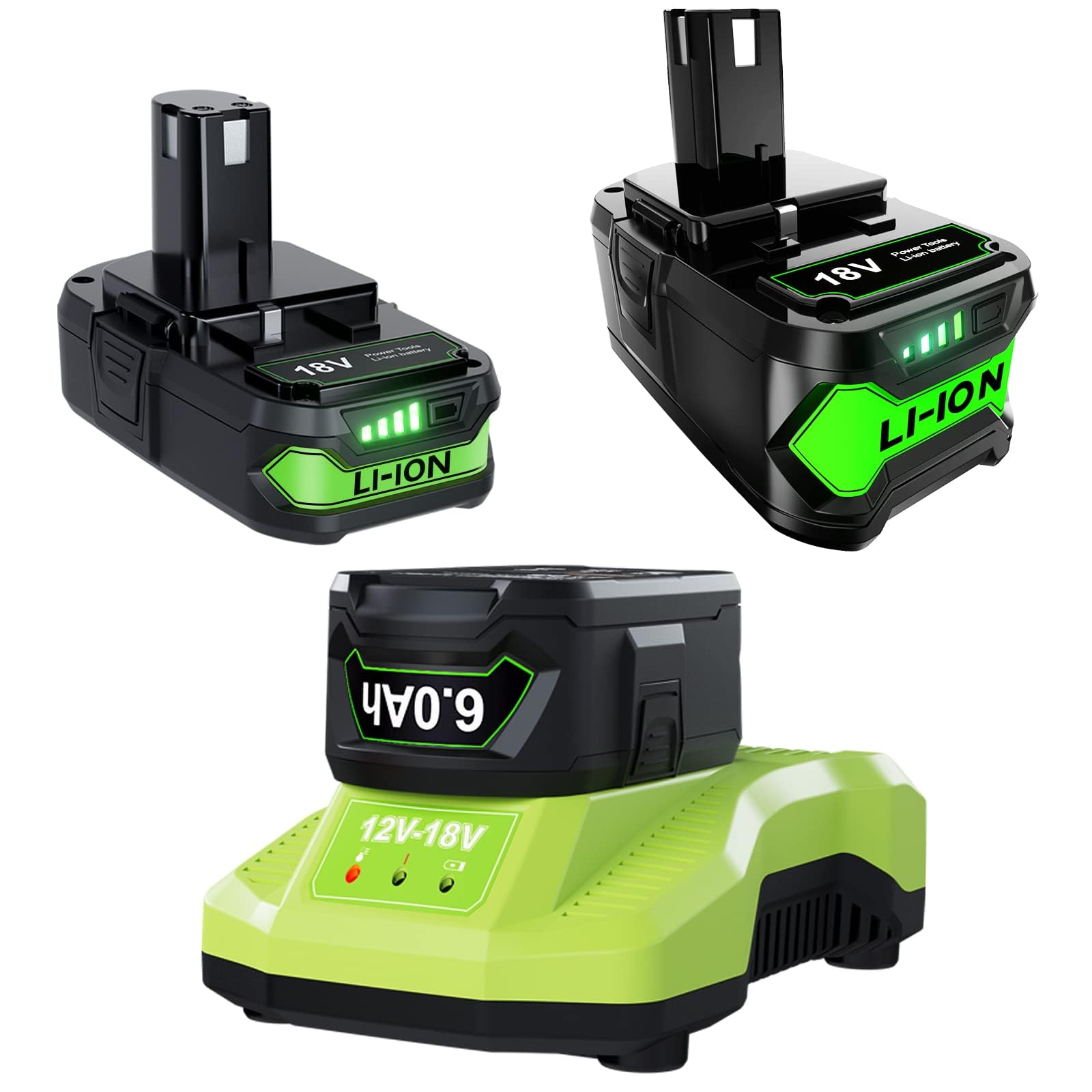 2Pack 18V Battery and Charger for Ryobi Lithium-ion 3.0Ah+6.0Ah P102 Battery Replacement and P117 Charger Compatible with Ryobi 18Volt ONE+ Plus P102 P107 P108 P189 Battery and 260051002 P118 - WoodArtSupply