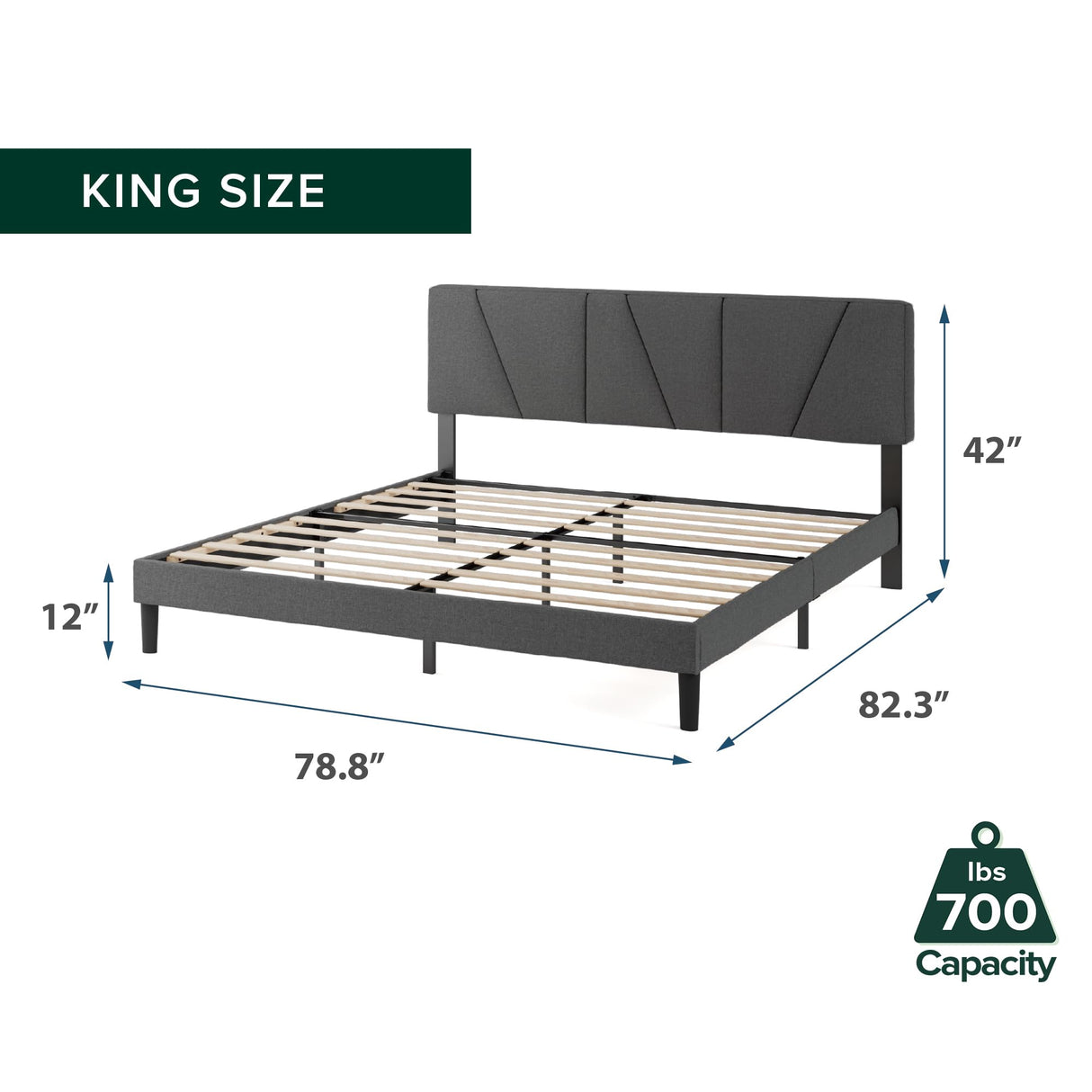 ZINUS King Maya Upholstered Bed Frame with Asymmetric Headboard, Durable Wooden Slats, Sturdy Framework, Noise Free Sleep, No Box Spring Needed, Easy Assembly, Eco Friendly Packaging, Dark Grey ZINUS