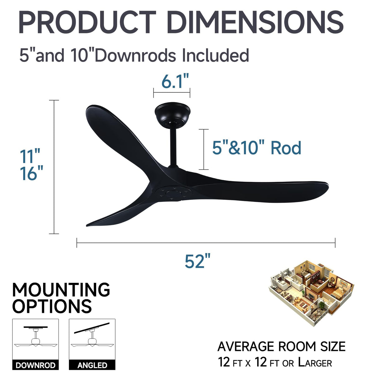 Fanawi 52" Wood Ceiling Fan with Remote Control, 3 blade Ceiling Fan without Lights for Indoor/Outdoor - Modern Design, Powerful Airflow, Silent Operation Fanawi
