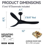 Fanawi 52" Wood Ceiling Fan with Remote Control, 3 blade Ceiling Fan without Lights for Indoor/Outdoor - Modern Design, Powerful Airflow, Silent Operation Fanawi
