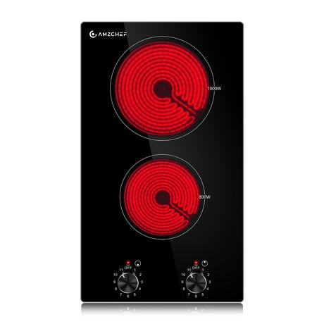 AMZCHEF 12Inch 2 Burner Electric Cooktop, 1800W/11Levels 2 Burners Stove Top With Knob Control Countertop & Built-in Radiant Electric Stove with Residual Heat Indicator amzchef
