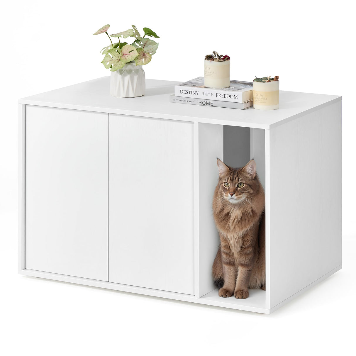 SONGMICS HOME Cat Litter Box Enclosure, Superfast Toolless Assembly, Cat House for Large Cats, Display Side Table, Push-to-Open Doors, Minimalist Modern, Snow White UPCL013W01 SONGMICS HOME