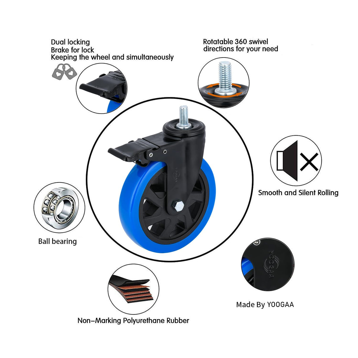 6 inch Casters Heavy Duty Swivel Threaded Stem Caster Wheels with 1/2''-13x1''Dual Locking Wheel with Brakes Pack of 4 for Workbench Furniture Carts Load Bearing 2000 Lbs YOOGAA