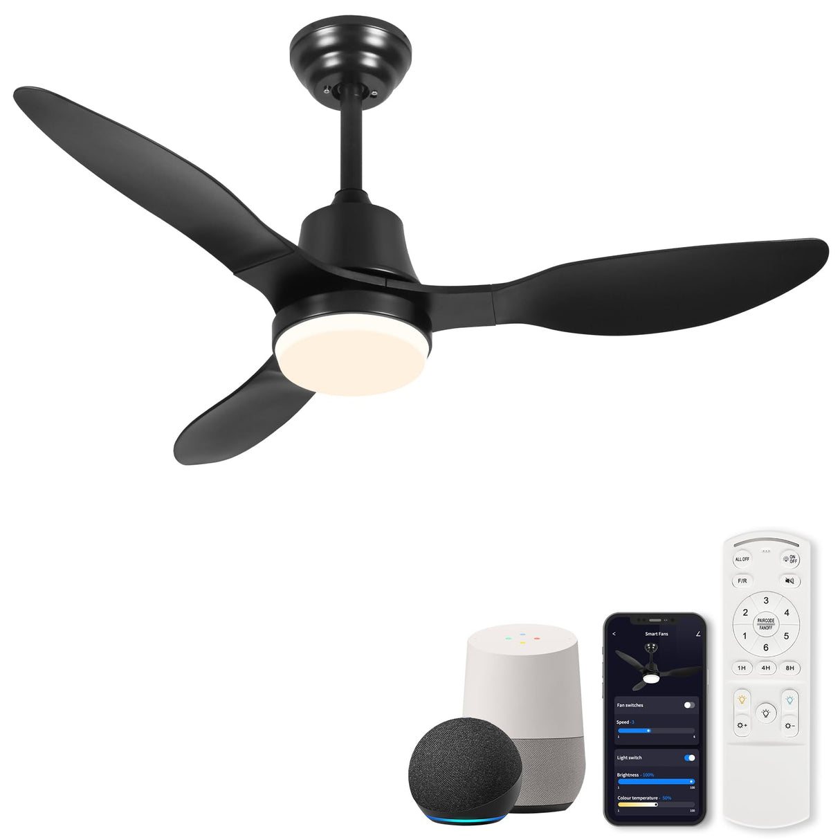 42 Inch Smart Ceiling Fans with Lights Remote LED Dimmable,Outdoor Indoor Modern Ceiling Fan Controlled by WiFi Alexa App,FCC Quiet DC Motor,3 Black Blades for Bedroom Living Room Patio Porch LINJO
