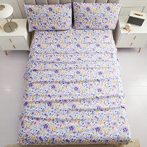 Mooreeke Floral Full Sheets, Soft Breathable Microfiber Vintage Printed Bed Sheet Set, Deep Pocket Non-Slip Fitted Sheet Included, Purple Flower Pattern Mooreeke