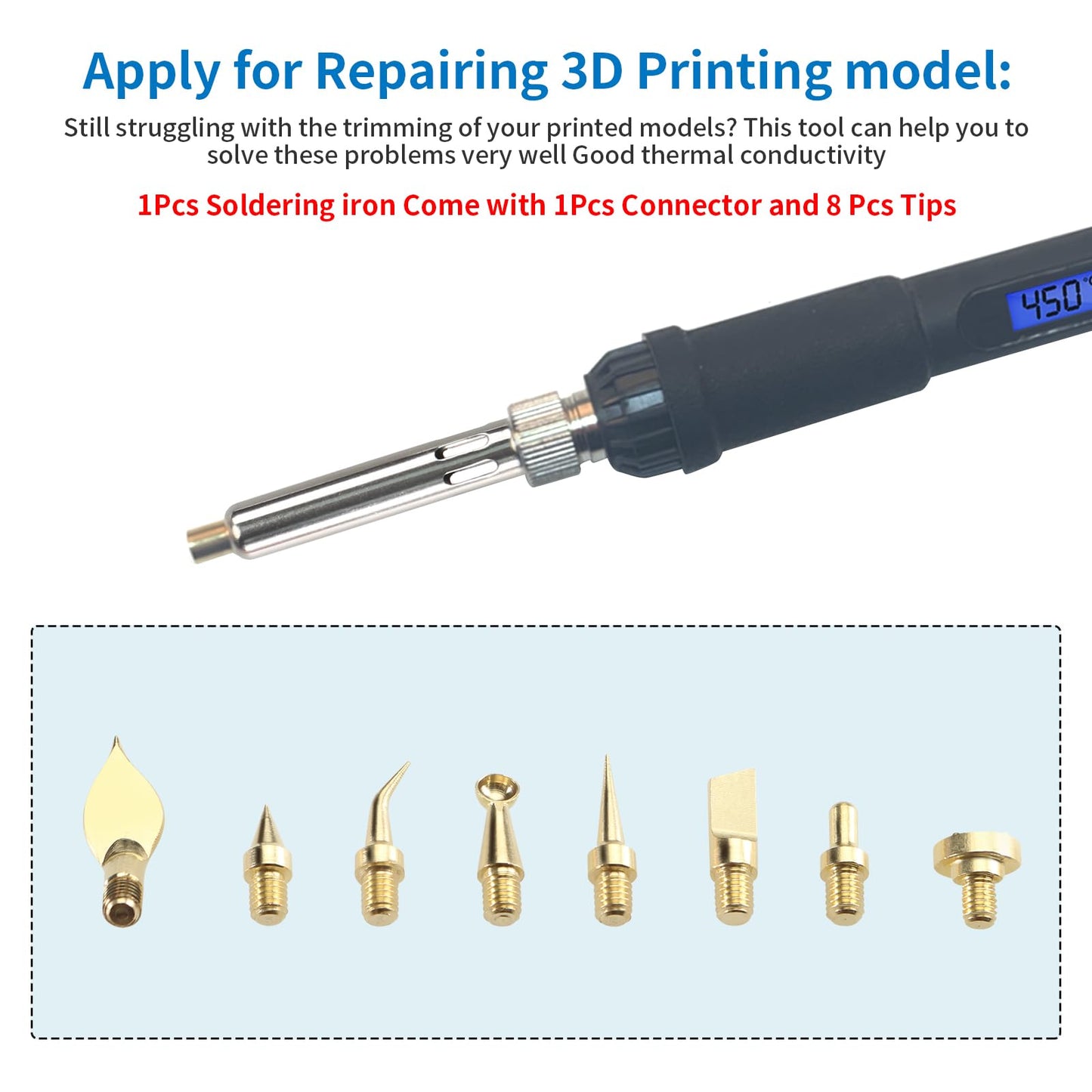 Imdinnogo 3D Printer Accessories Tool Kit Modify Finishing Smoothing Tool Cleaning Needle Scarper: 1Pcs Soldering Iron with 8Pcs Brass Trimming Head 1Pcs Connector Bczamd - WoodArtSupply