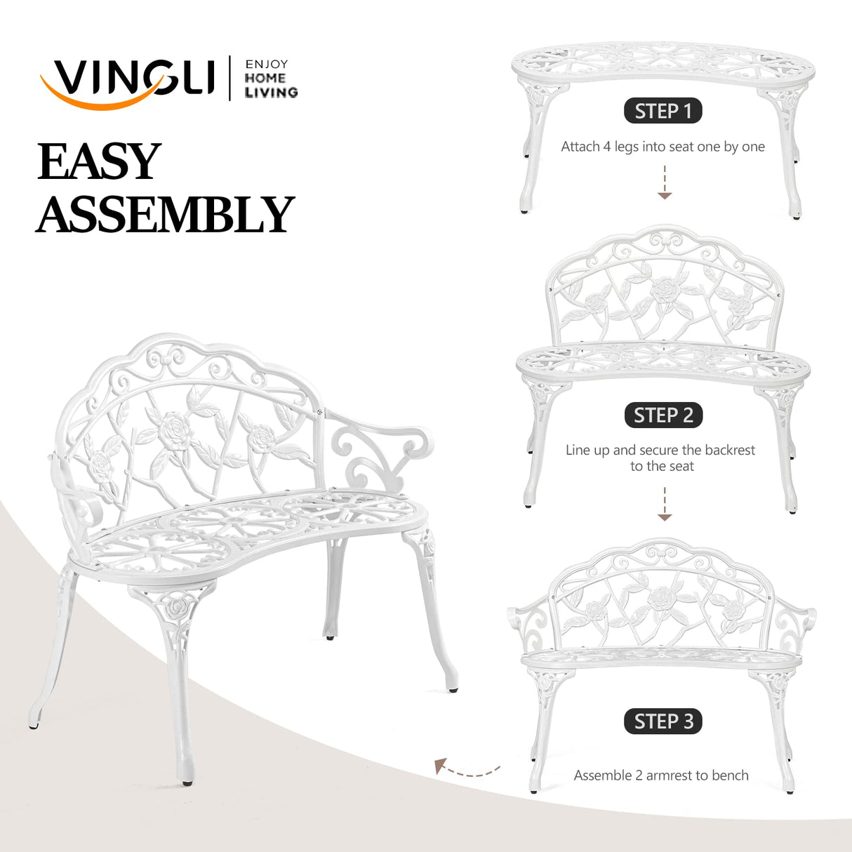 VINGLI 38.5" Patio Park Garden Outdoor Metal Rose Bench,Cast Iron Cast Aluminium Frame Antique Finish Chair,Accented Lawn Front Porch Path Yard Decor Deck Furniture for 2 Person Seat（White VINGLI