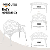 VINGLI 38.5" Patio Park Garden Outdoor Metal Rose Bench,Cast Iron Cast Aluminium Frame Antique Finish Chair,Accented Lawn Front Porch Path Yard Decor Deck Furniture for 2 Person Seat（White VINGLI