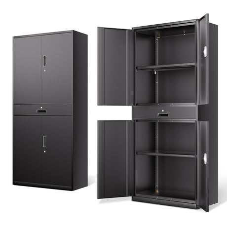 DNA MOTORING 71'' Metal Storage Cabinet, Locking Tool Cabinet with 1 Drawer and Adjustable Shelves, Lockable Heavy Duty Metal Locker for Garage,Office,Home,Gym, Black, TOOLS-00629-BK-BK-A DNA MOTORING