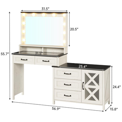 BTHFST Makeup Vanity Desk with Large Mirror and Lights, Glass Top Vanity Table with Charging Station, Farmhouse Makeup Desk with Drawers & Dresser, Antique White - WoodArtSupply