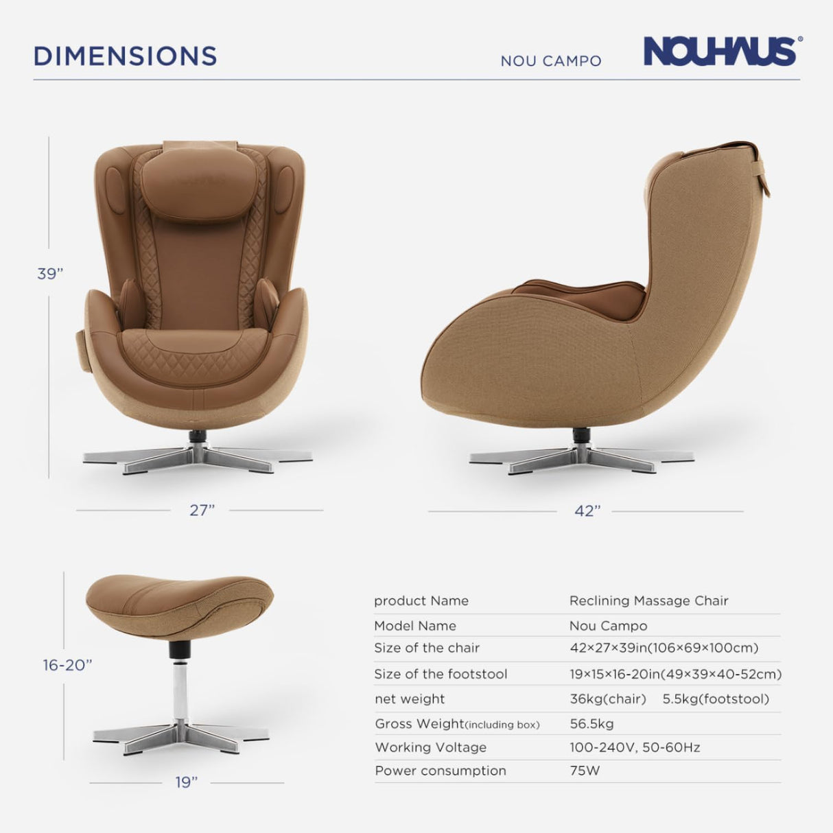 Nouhaus NOU Campo Heated Massage Chair,Full Body Massaging Zero-Gravity Leisure Recliner with Low-Noise 3D Massage and Dual Sound Systems Modern Massage Chairs (Dark Caramel) Nouhaus