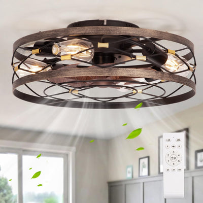 SHLUCE Caged Flush Mount Ceiling Fan with Lights, Farmhouse Rustic Bladeless Ceiling Fans with Lights and Remote, Low Profile Small Fandelier Ceiling Fan with Light for Bedroom, Kitchen, Black