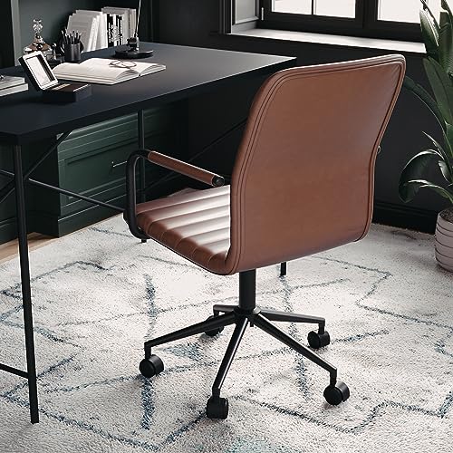 Martha Stewart Taytum Swivel Task Chair with Armrests for Home Office in Saddle Brown Faux Leather with Oil Rubbed Bronze Frame Martha Stewart