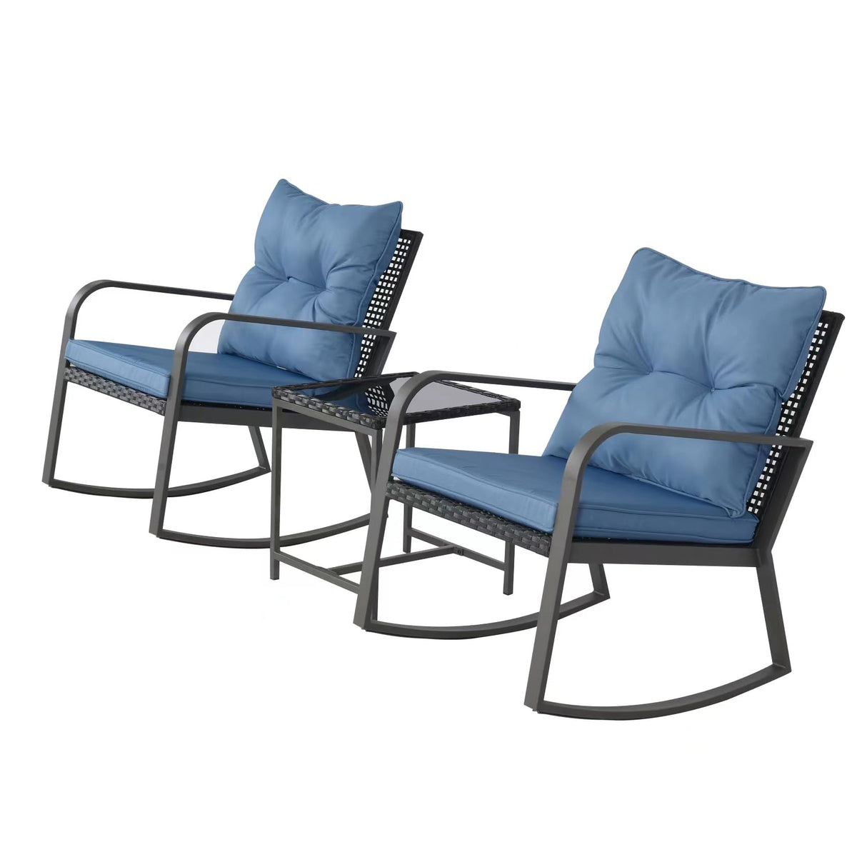 HLNPTN 3 Pieces Patio Rocking Chairs Outdoor Bistro Set, Wicker Outdoor Rocker Chair of 2, Porch Sofa Seat Patio Furniture Conversation Sets with Tempered Glass Top Coffee Table & Cushions, Dark Blue HLNPTN