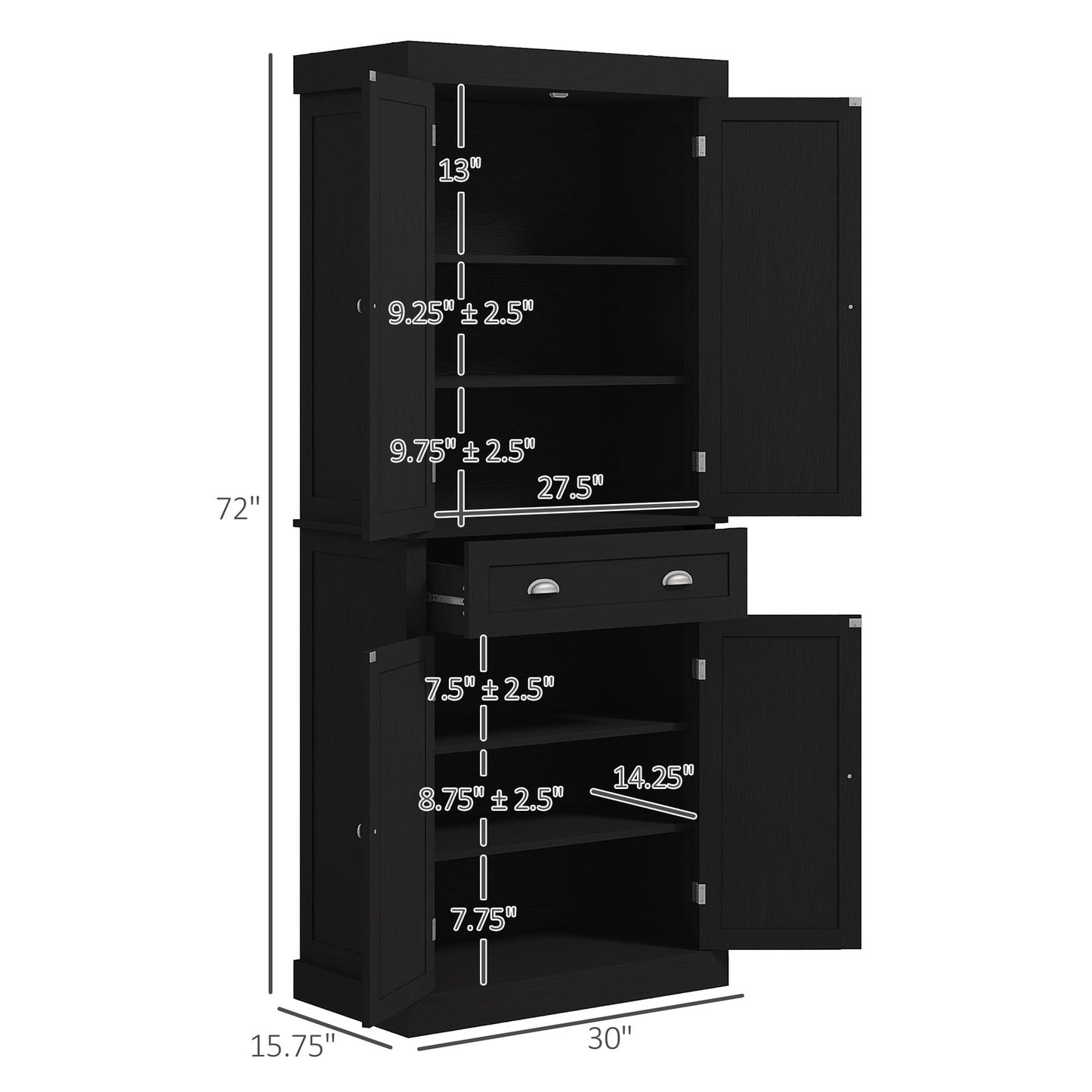 HOMCOM 72" Freestanding Kitchen Pantry Cabinet, Tall Storage Cabinet with 2 Door Cabinets, Drawer and Adjustable Shelves, Black Wood Grain - WoodArtSupply