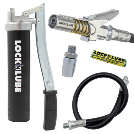 LockNLube Easy-Prime Lever Grease Gun. includes our patented Grease Coupler (locks on, stays on, won't leak!) plus a 20" hose and in-line hose swivel. LockNLube