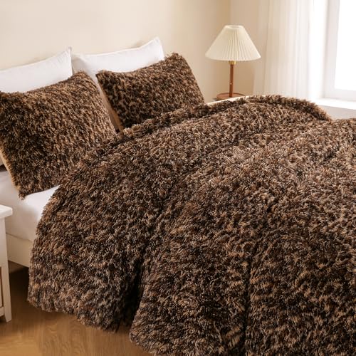Melo10PM Leopard Print Fluffy Faux Fur Comforter Set King Size, 3 Pieces Brown Cheetah Plush Shaggy Fuzzy Bedding Set, Ultra Soft Luxury Furry Boho Animal Print Winter Warm Comforter for Women Gilrs Melo10PM